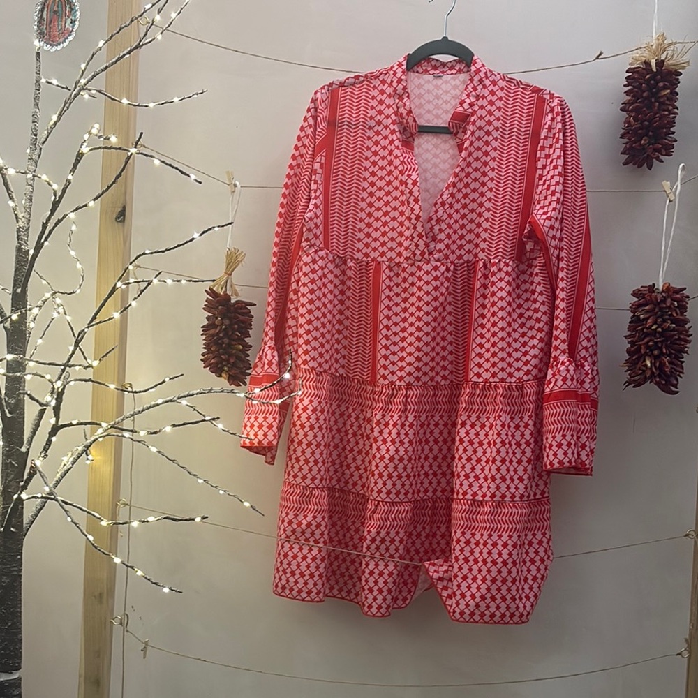 Pink and Orange Tiered  Sundress with Bishop Sleeves